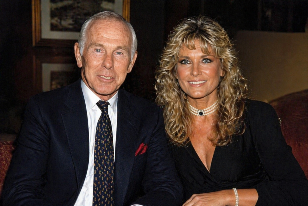 Alexis Maas and Johnny Carson sitting together at a formal event, smiling in an elegant indoor setting