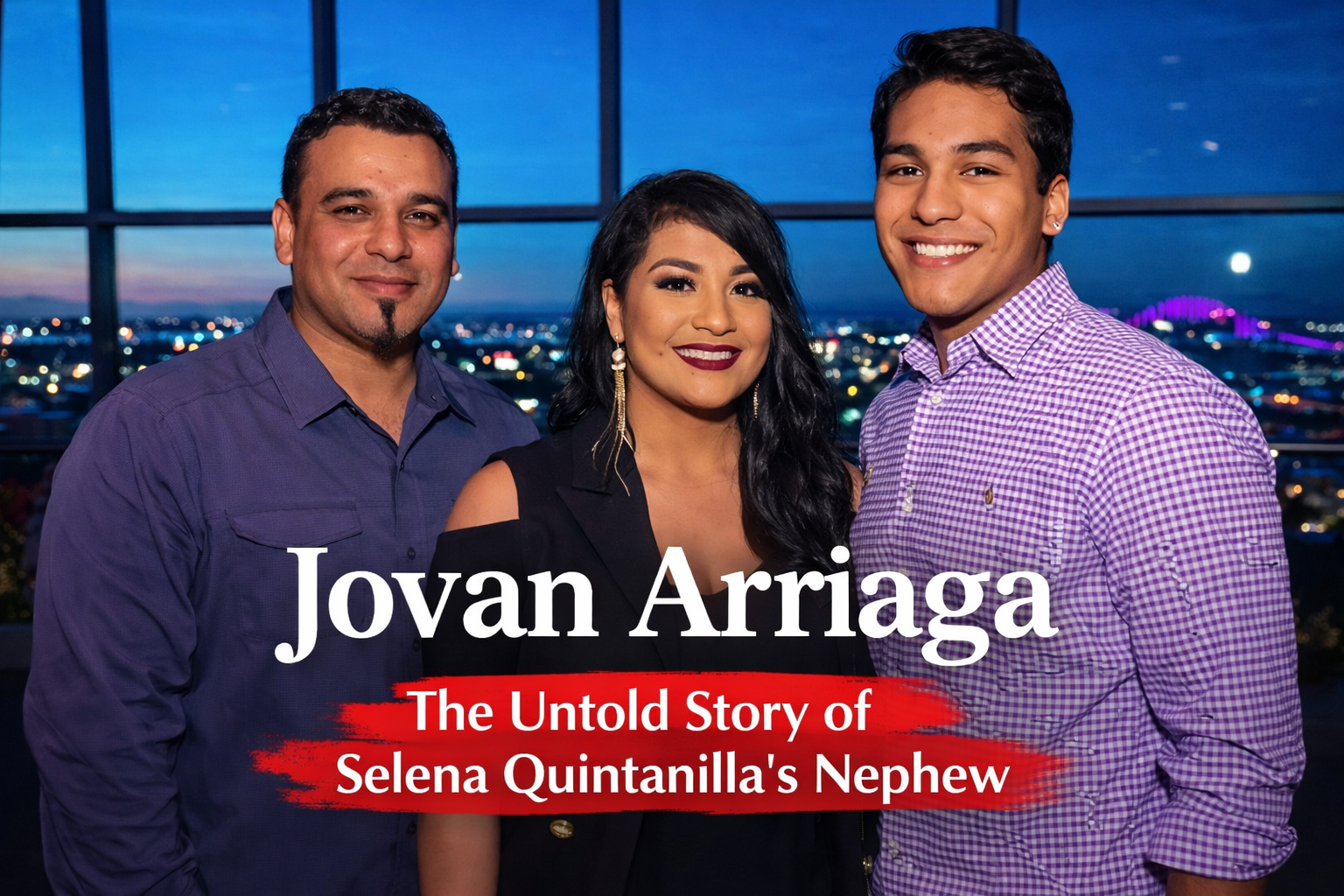 Jovan Arriaga with his parents Suzette Quintanilla and Bill Arriaga smiling together in a city view background