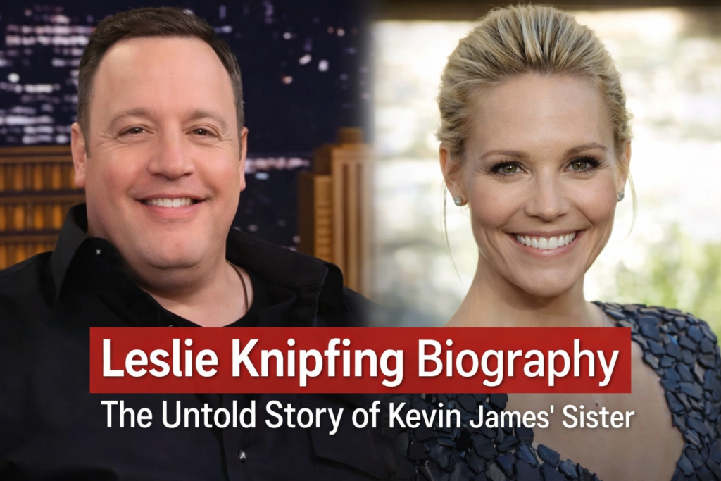 Leslie Knipfing biography thumbnail featuring Kevin James and a female portrait with title about Kevin James’ sister