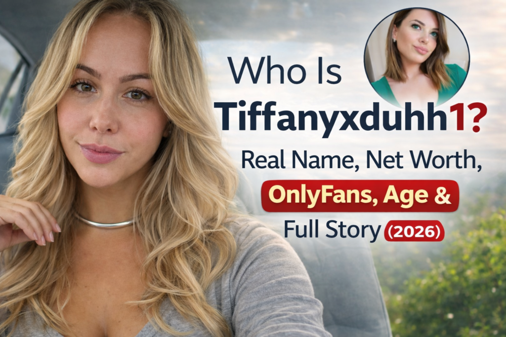 Tiffanyxduhh1 close-up portrait with text overlay showing her real name, net worth, OnlyFans, age, and full story in 2026