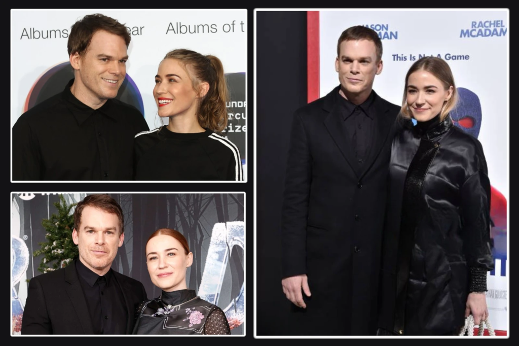 Morgan Macgregor and Michael C. Hall posing together at red carpet events, dressed in elegant black outfits, showing their close relationship and public appearances.